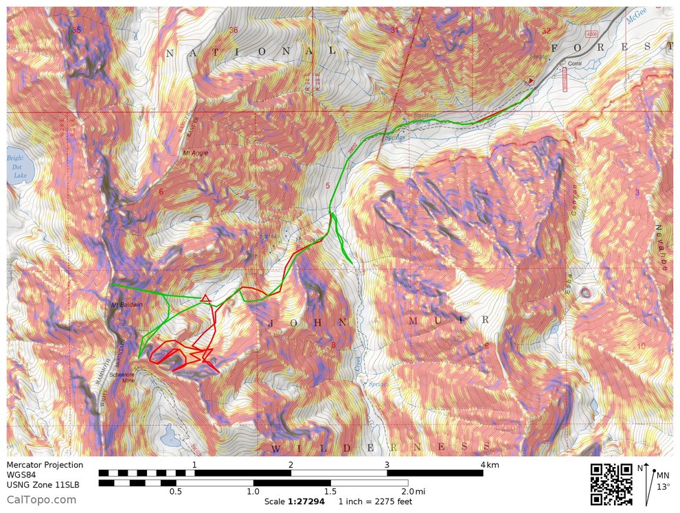 A map of the itinerary. It shows the track going through a valley in the mountains.