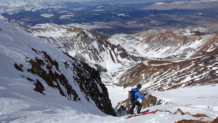 View over the Sierra mountains and down the couloir.