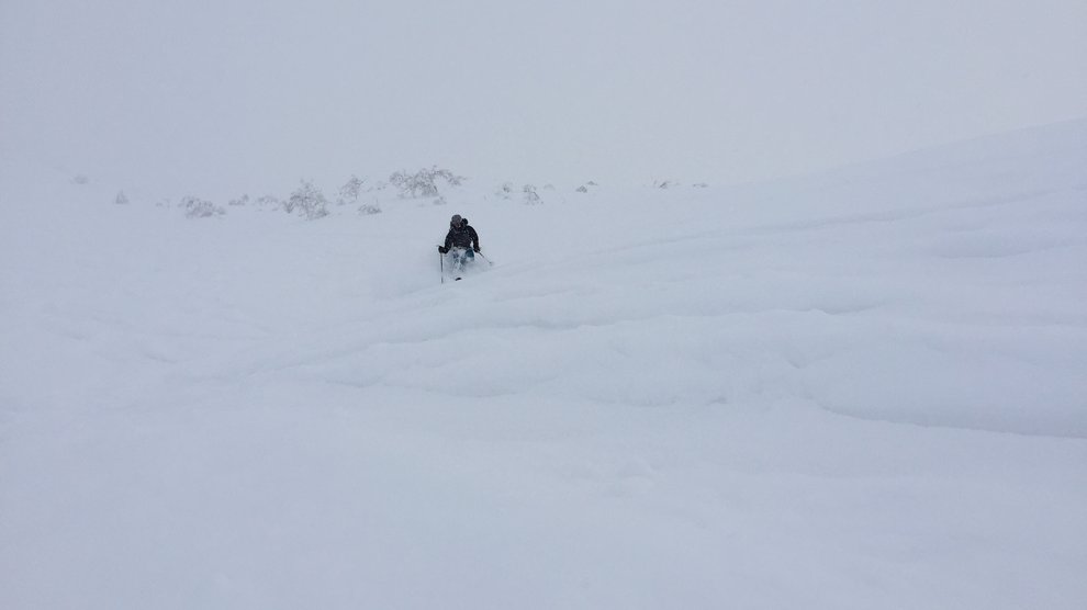 Cody Skiing in deep snow in the clouds.