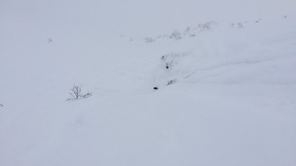 Skier disappearing in the snow.