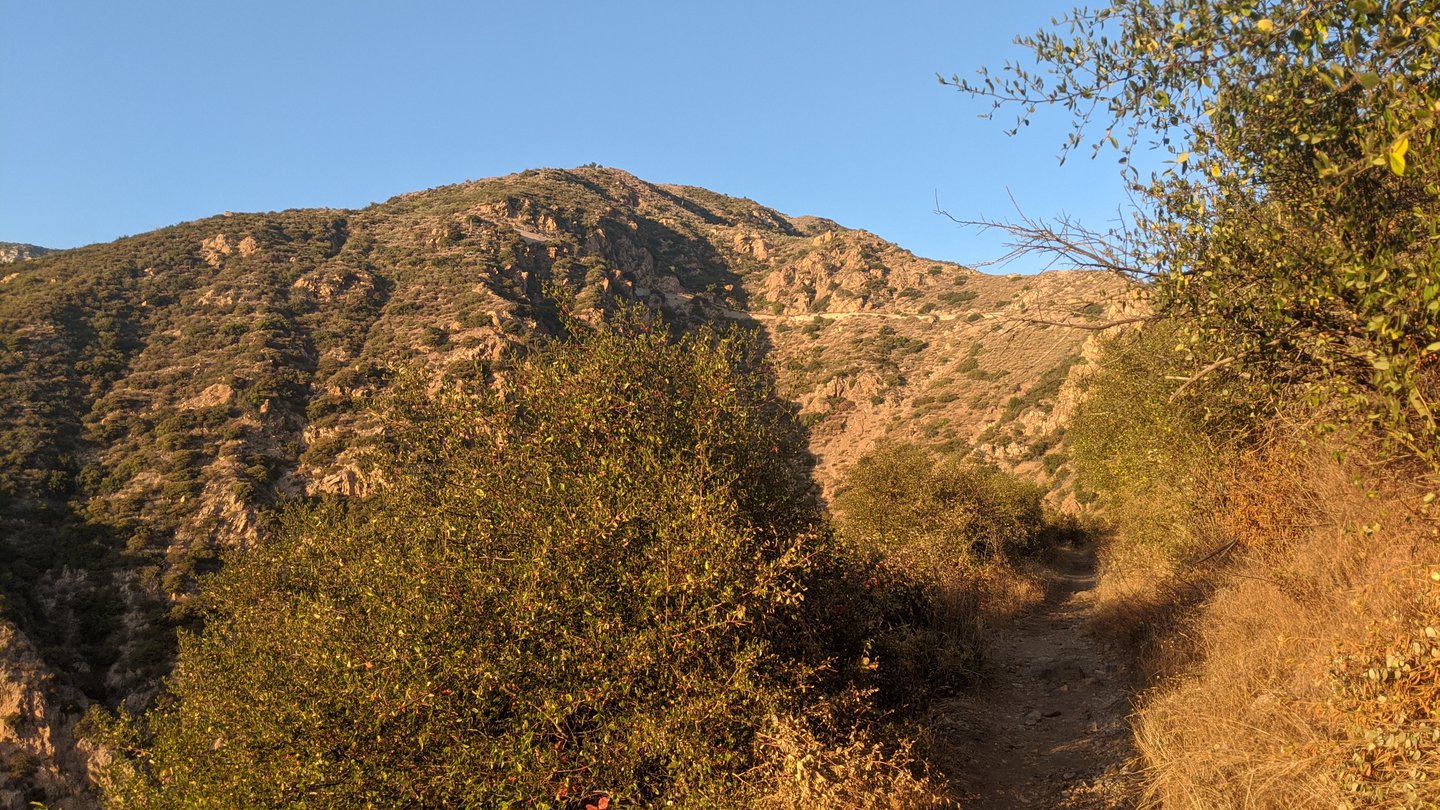 View of a path up a mountainside through dry brushes. Blue skies.