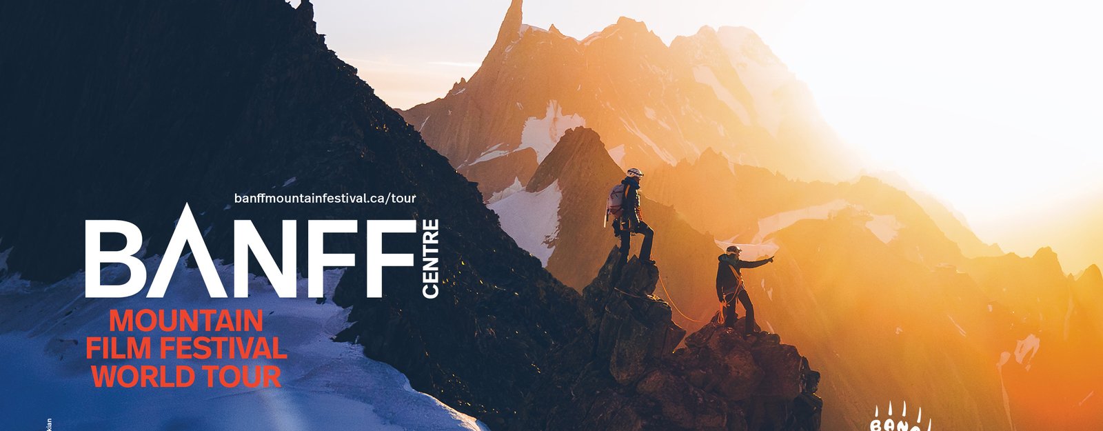 Colorful mountain sunset picture with two climbers and the words Banff Mountain Film Festival