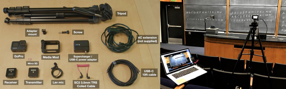 GoPro kit and set up of equipment in lecture hall
