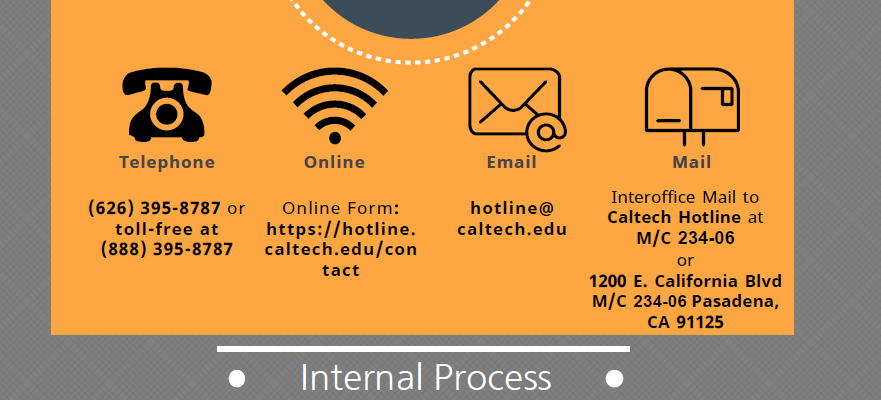 Caltech Hotline Reporting information via telephone, online form, mail, email