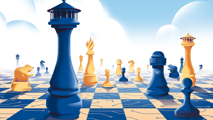 graphic of chess board with Caltech-themed pieces (ex. Beckman auditorium, beaver)