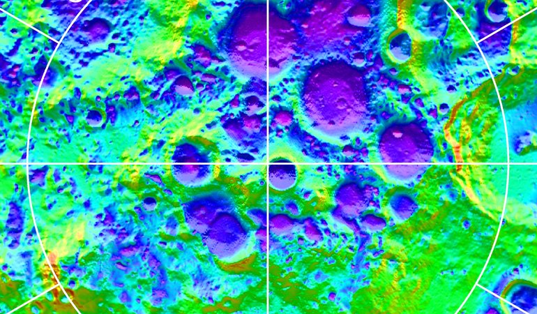 A false color image of the South Polar region of the Moon indicating temperature variations