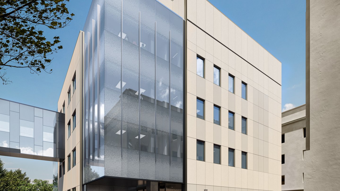 building with people walking by