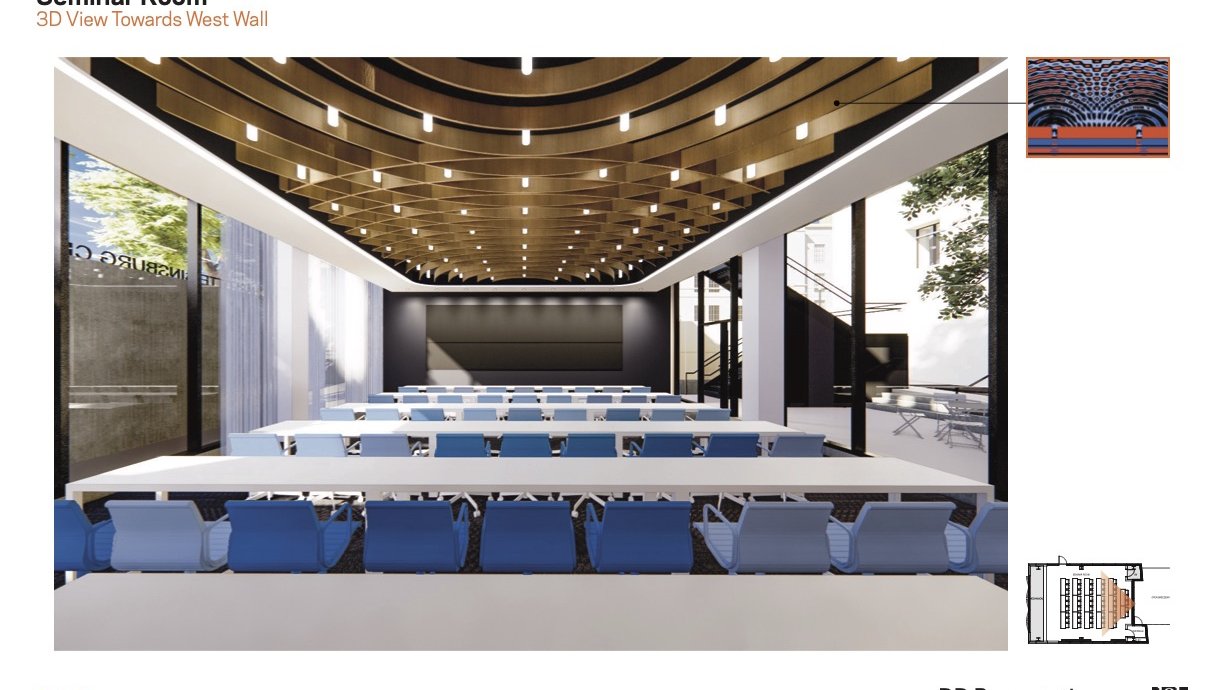 conference room with blue seats and curved wood on ceiling. Walls are glass