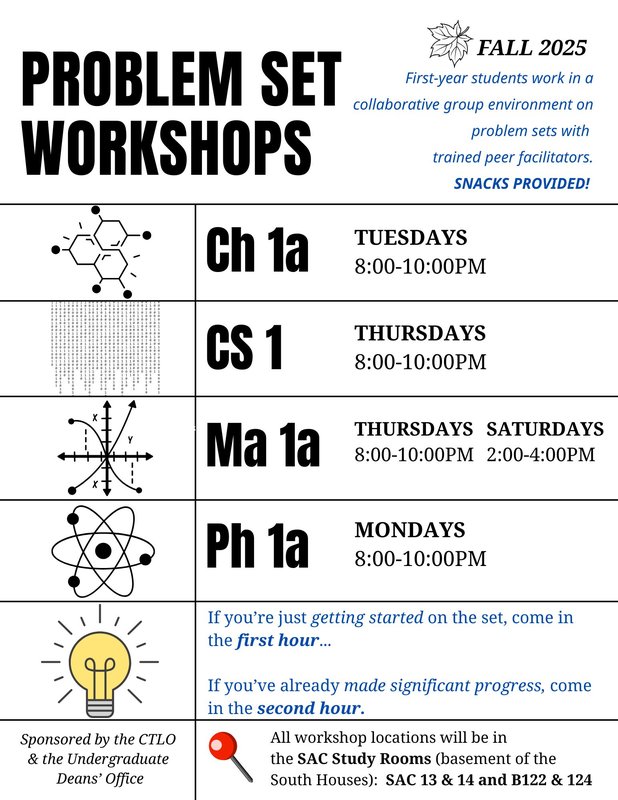 Problem Set Workshops for Fall 2025 as of 10.03.25