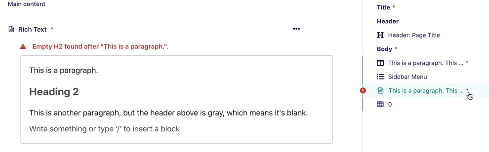 Rich Text Block with an empty header error
