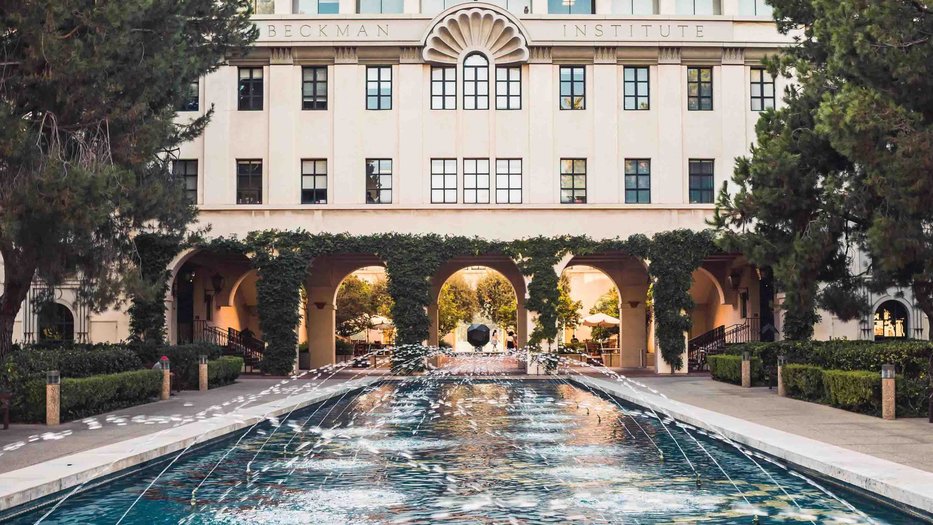 Photograph of the "Gene Pool" fountain with the Beckman Institute building in the back ground.