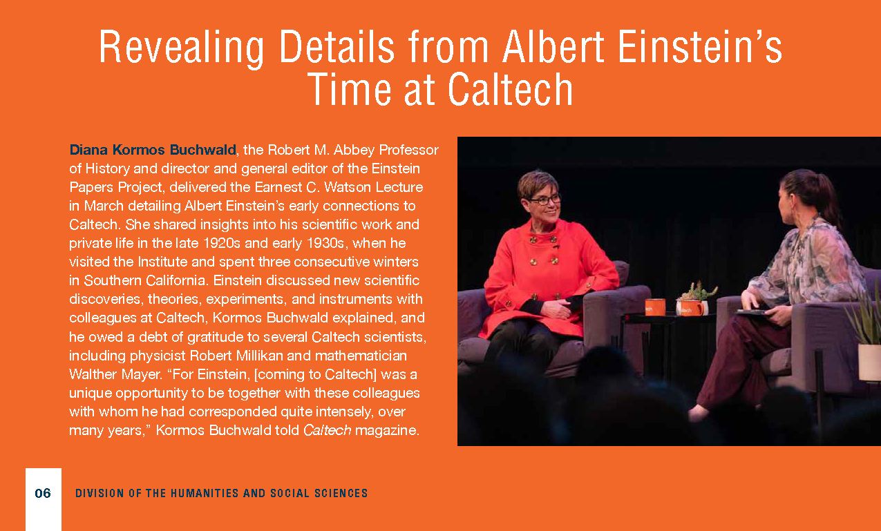 blurb about Diana K. Buchwald's Earnest Watson Lecture with photo of D. Buchwald and interviewer (head turned away) on stage