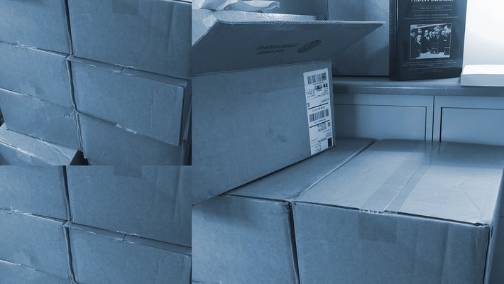 visual collage of stacked, unopened cardboard boxes