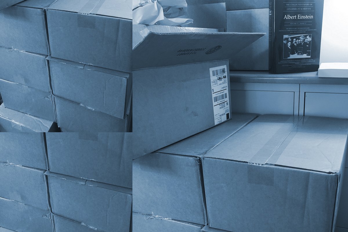 visual collage of stacked, unopened cardboard boxes