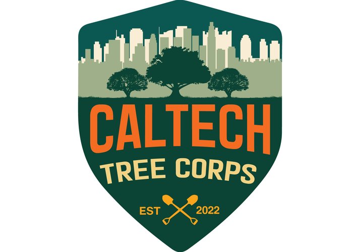 Green badge with images of cityscape, green trees, and the words Caltech Tree Corps. Underneath are two crossed shovels and the words est 2022