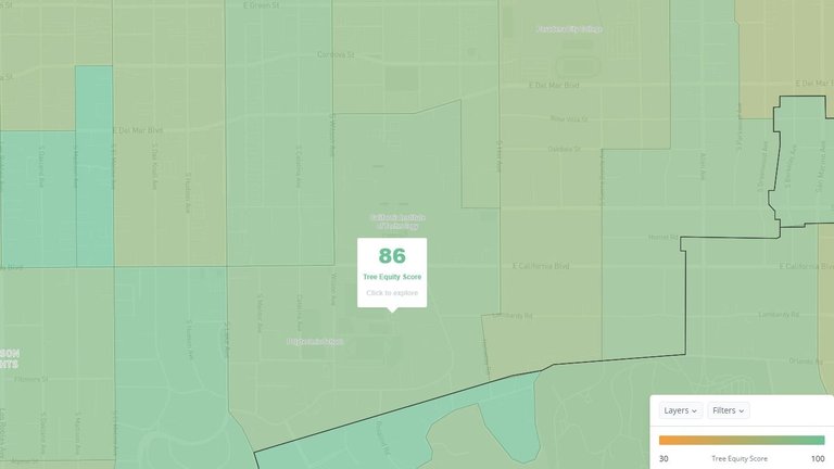 map showing where trees are in the area near Caltech