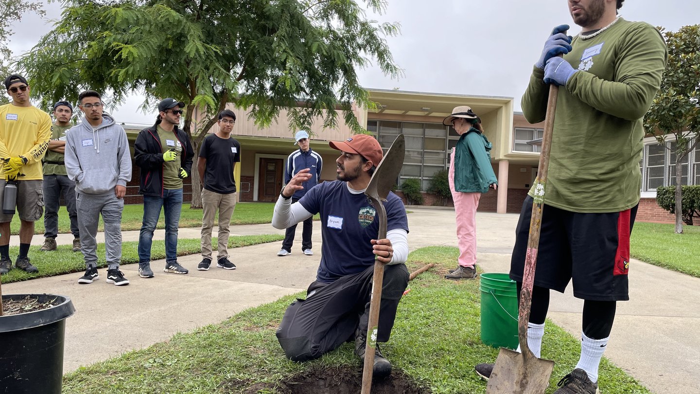 A group of people stand watching two individuals dig a hole for a young tree. Both individuals are holding shovels. One is kneeling and the other is standing.