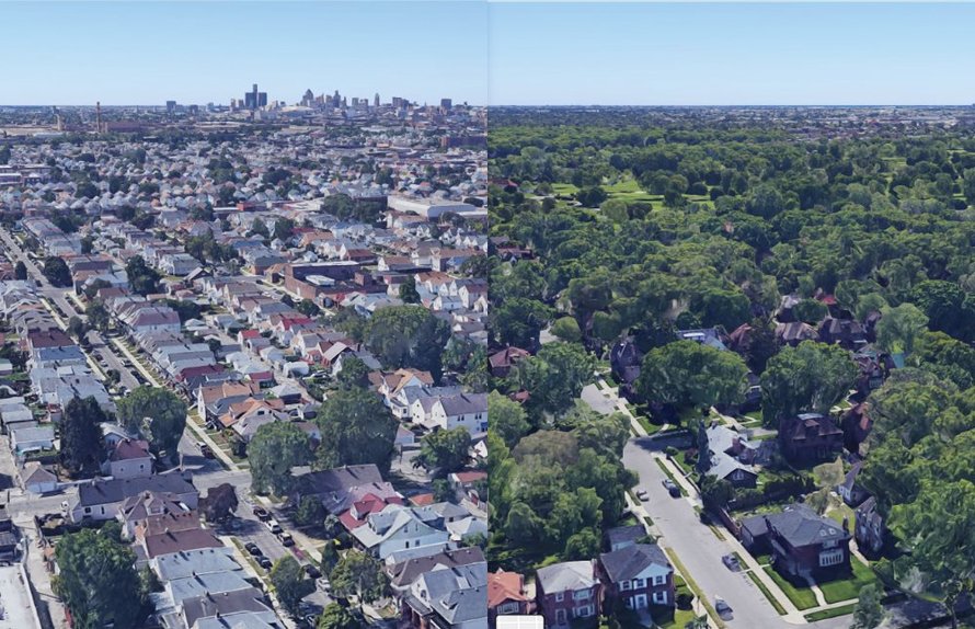 two images side by side. The one on the left is a community with a lot of visible houses and other buildings. The one on the right is a community with many trees covering the tops of most of the buildings so they are not visible.