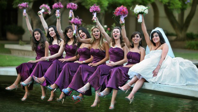 bridge over Millikan Pond with bridal party