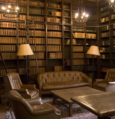 An image of an old fashioned library with shelves filled with books
