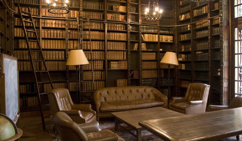 An image of an old fashioned library with shelves filled with books