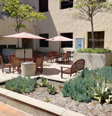 An outdoor patio area with tables, chairs, umbrellas, and planters