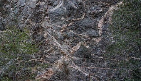 A cliff face of dark rock with pink granite dikes crosscutting, with noticeable offsets from faults through the pink layers.