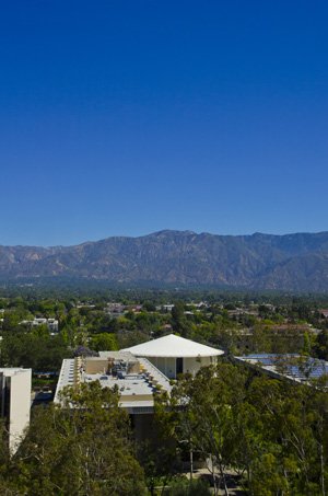 Ariel view of Caltech campus looking out to the San Gabriel Mountains
