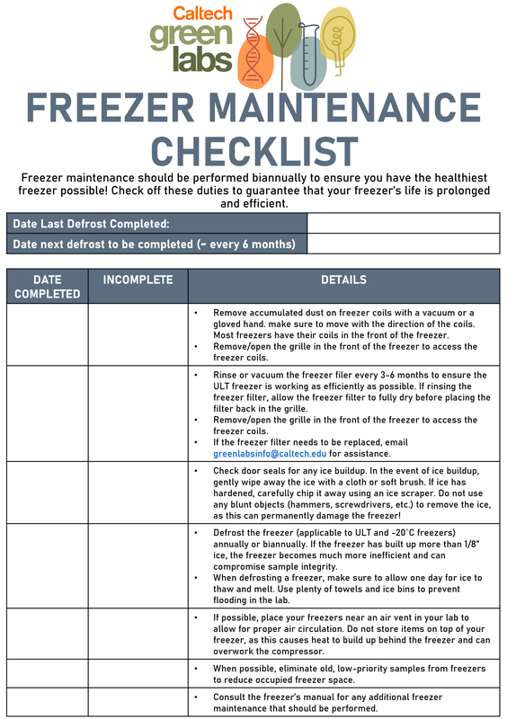 Freezer Checklist - laminated sheet for freezers
