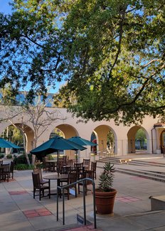 view of Avery Exterior Courtyard and Patio with picnic tables and umbrellas, planters, and the breezeway separating the courtyard from the main sidewalk