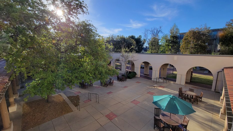 aerial view overlooking Avery exterior courtyard with picnic tables and umbrellas and trees