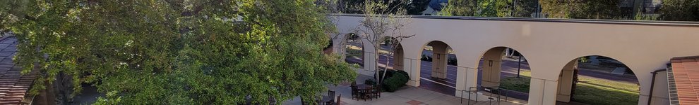 aerial view overlooking Avery exterior courtyard with picnic tables and umbrellas and trees