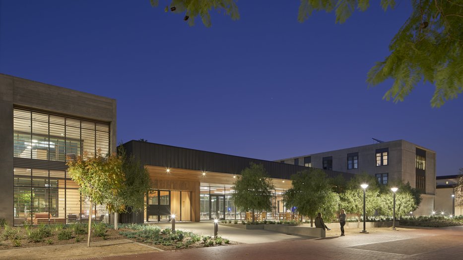 Nighttime view of Bechtel Residence