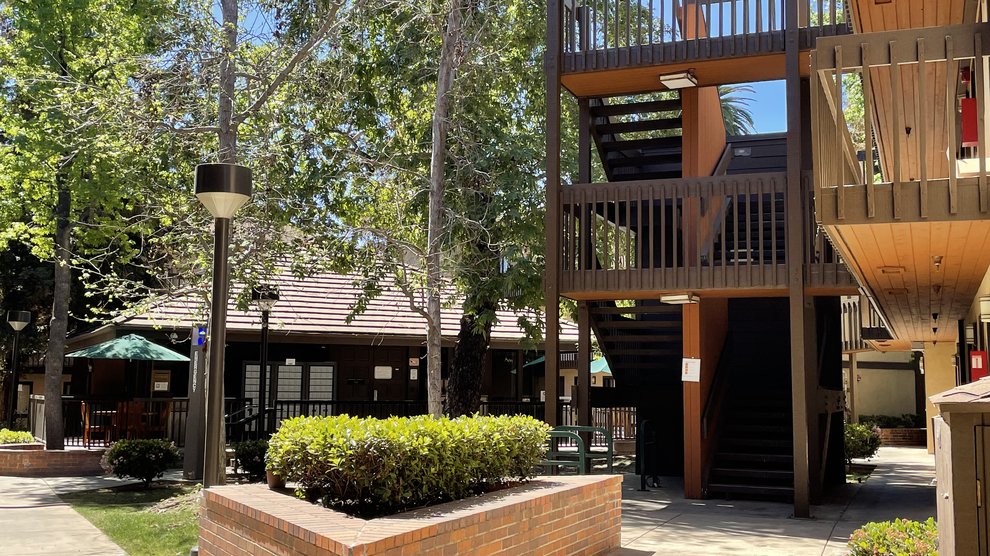 Catalina Stairs with view of rec room and foliage.