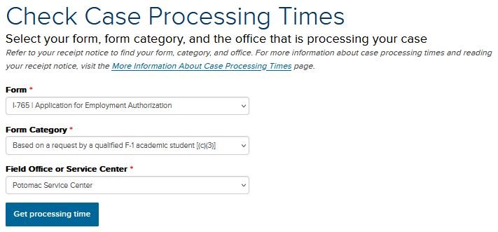 USCIS Case Processing Times web form
