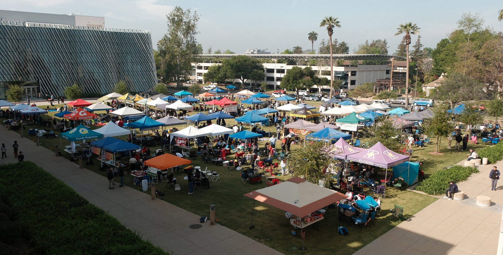 Participating teams' tents on the lawn outside Resnick Sustainability Center