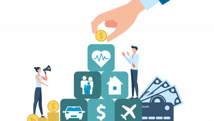 graphic of a couple standing among blocks representing family, health, car, travel, and money