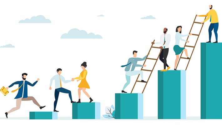 People helping each other climb ladders