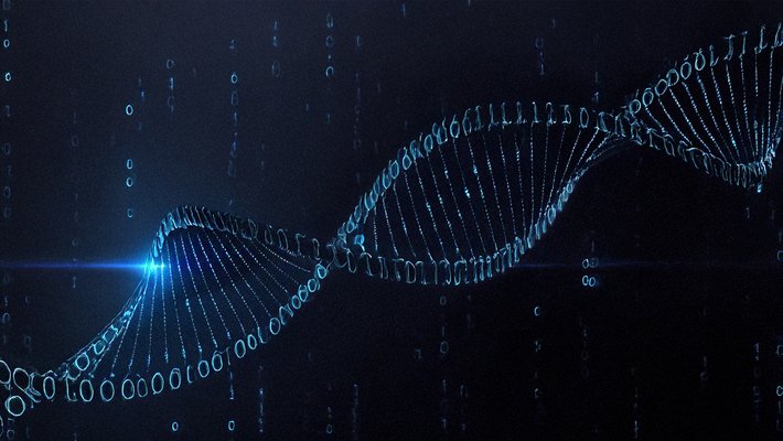Strand of DNA connected with 1s and 0s