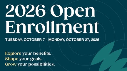 Dark blue banner with 2026 open enrollment dates, October 7 to October 27.