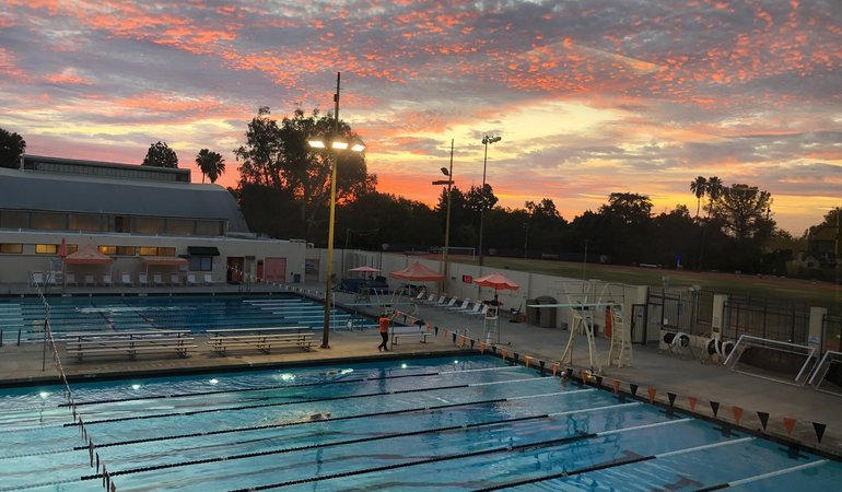 An aerial view of Braun pool at sunrise.