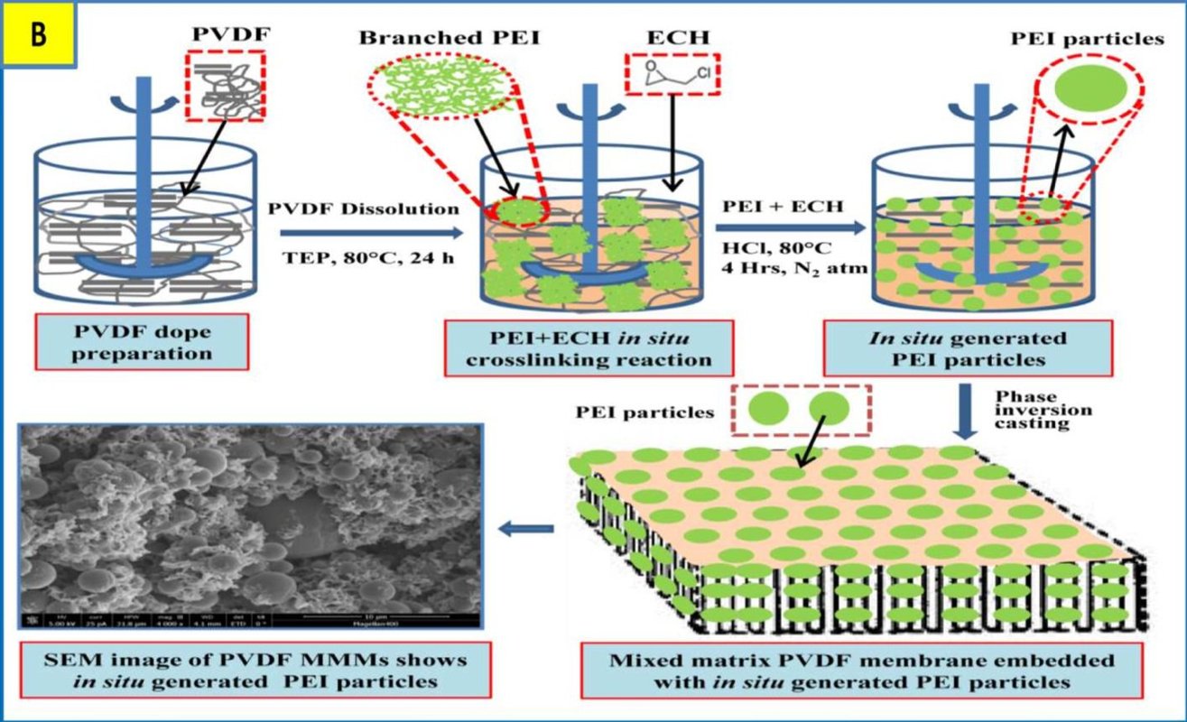 The image shows the synthesis of a mixed matrix PVDF membrane with *in situ* generated PEI particles.