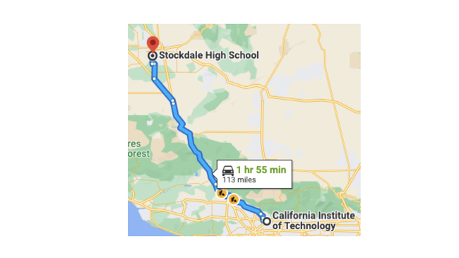 A map showing the 2hr drive from Caltech to Stockdale High School.