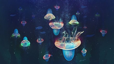 An artist's illustration of jellyfish with attached electromechanic devices