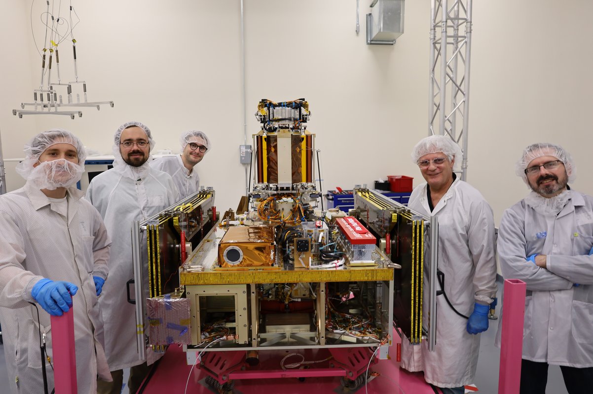 Engineers from Caltech with Momentus's Vigoride spacecraft after integrating DOLCE