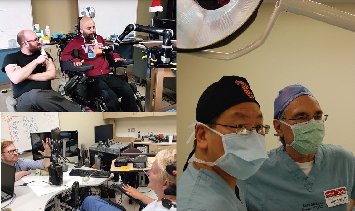Upper left panel, participant EGS (right) with Tyson Aflalo; lower left panel, participant NS (right) with Spencer Kellis; right panel, Richard Andersen (right) with Charles Liu.