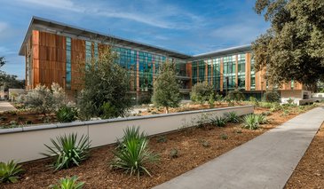 North side of the Chen Neuroscience Research Building showing copper facade of the exterior and the Zen garden in the foreground planted with drought tolerant plants, succulents and trees,