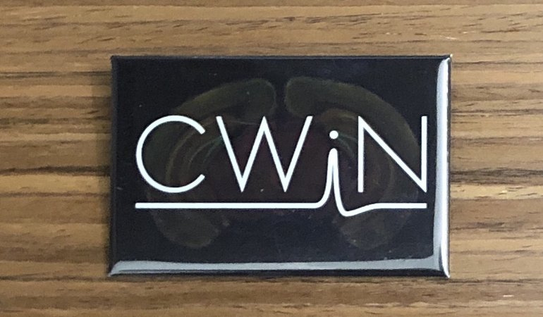 Rectangular button with CWiN logo. CWiN in white text on a black background with a faded dark green brain scan image.