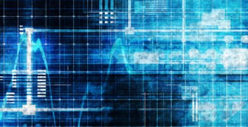 Illustration of data science: black background, with light blue grid and oscillating white line