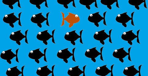 Illustration of an orange fish swimmng against a tide of black fish